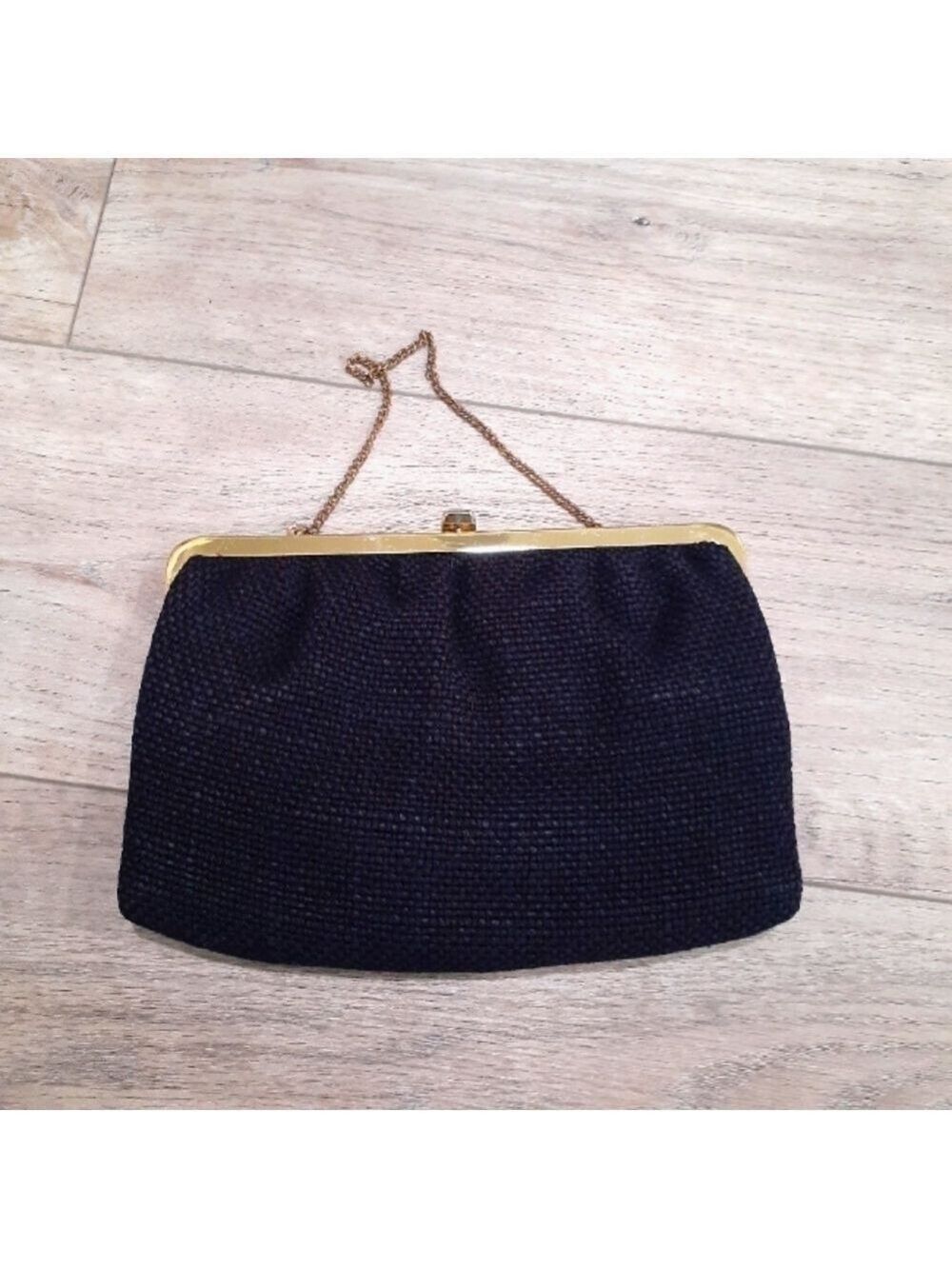 Vintage Classic Black Tapestry Evening Clutch with Gold Chain